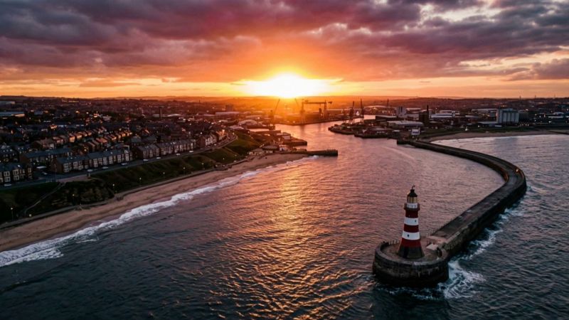 Roker lighthouse and pier at sunset from the air, the Sunderland coast behind