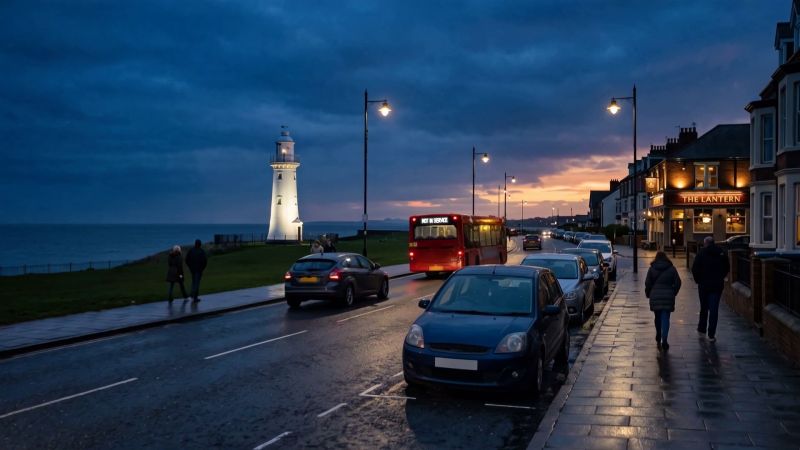 Blue hour on the Roker seafront, the white lighthouse and a red bus