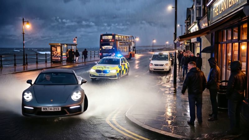 The Porsche past The Lantern, the crowd stepping back, police behind