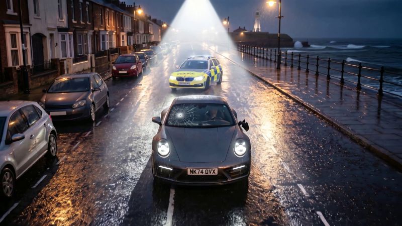 The Porsche under the helicopter searchlight
