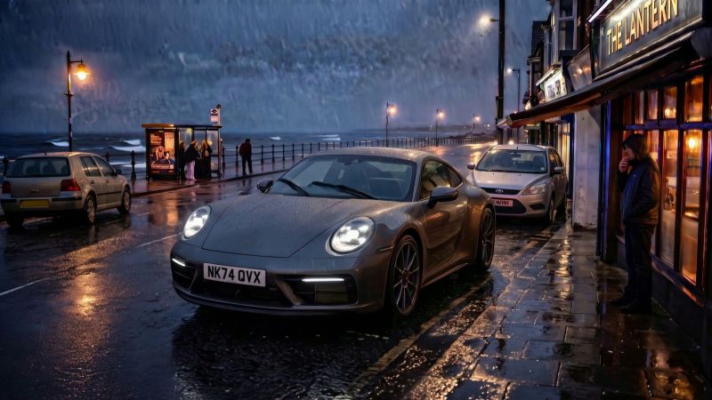 The Porsche at the kerb outside The Lantern