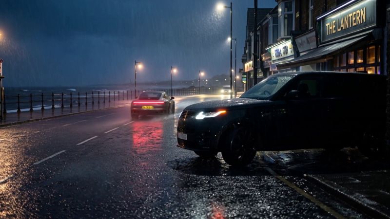 A black Range Rover switches its headlights on as the Porsche pulls away in the rain