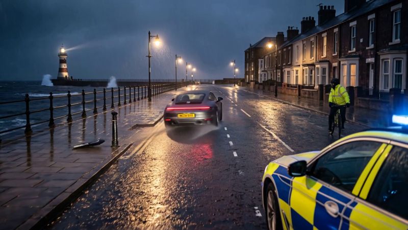 The Porsche clips a bollard on the seafront, a police car close behind